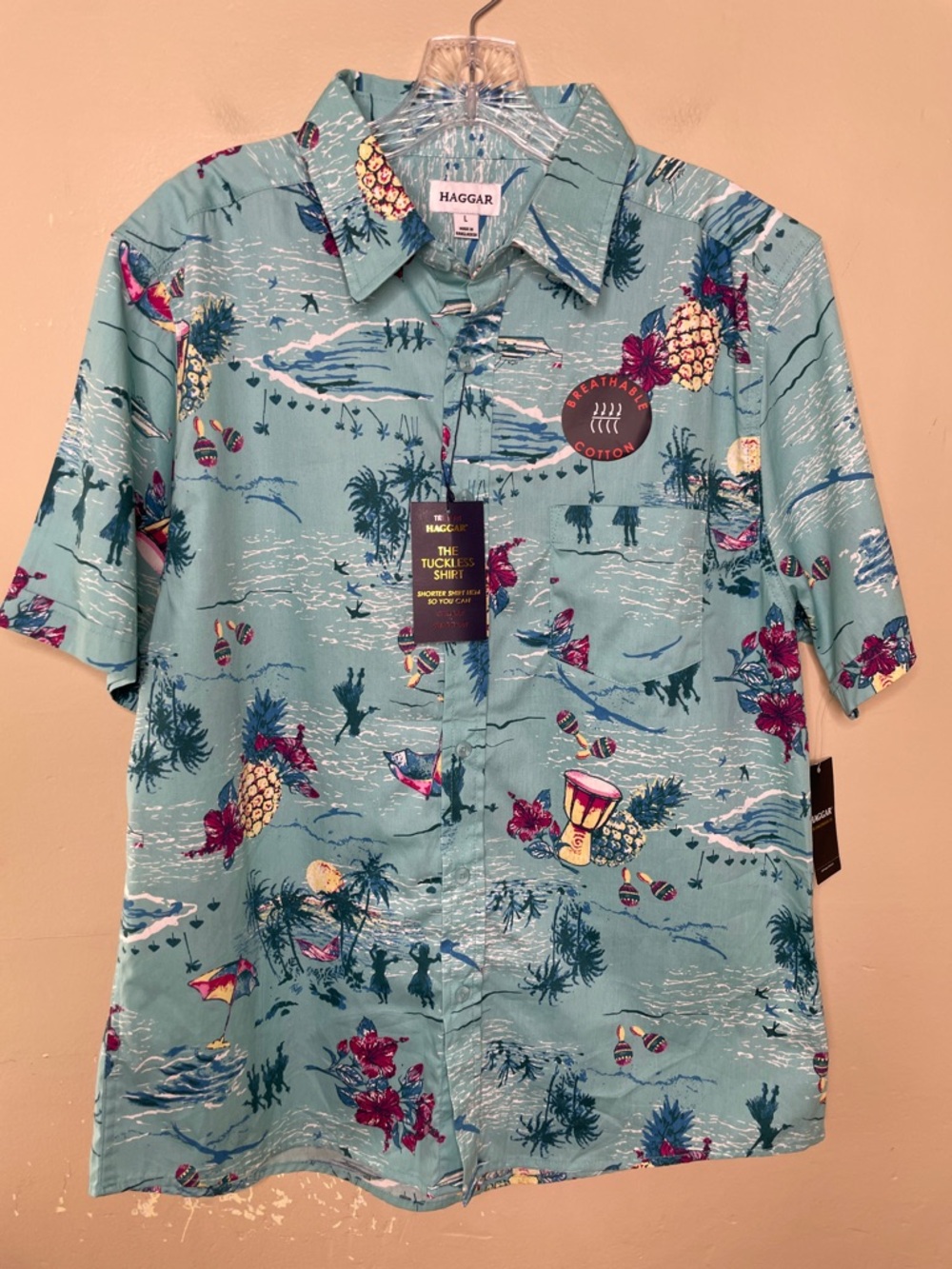 HAGGAR “ The Tuckless Shirt” Men’s Tropical Island Aqua Breathable Cotton NWT Lg